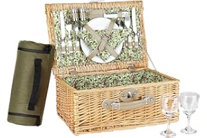 HAPPYPICNIC 2P Willow Picnic Basket Set with Floral Lining, Picnic Hamper with Picnic Blanket, Wine Glasses, Ceramic Plates, Flatware & Napkins, for Birthday, Wedding, Anniversary and Festivals