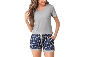 Litherday Piżama damska z krótkim rękawem piżama bawełniana z nadrukiem odzież domowa miękka bielizna nocna lekka z kieszeniami