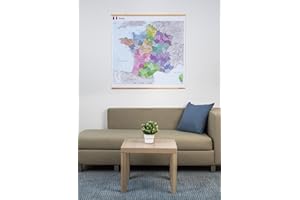 GeoMetro Carte administrative de la France en français de 100 x 100 cm, avec plastification sur les deux faces avec départements et baguettes en bois pour l'accrochage, Départements