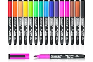 Shuttle Art Whiteboard Markers, 15 Colours Magnetic Whiteboard Pens with Eraser, Fine Point Dry Wipe Markers for Kids Writing On Whiteboards, Weekly Planner, Glass for School Office Home