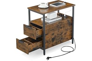 ‎VASAGLE VASAGLE Beistelltisch, Nachttisch mit Steckdosenleiste, 2 Schubladen, Sofatisch, Nachtschrank für Wohnzimmer, Schlafzimmer, vintagebraun-tintenschwarz LET325B01