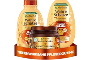 ‎GARNIER Garnier Wahre Schätze Haarpflege-Set mit Akazienhonig, Manuka und Lavendel, Honig-Schätze Shampoo (250 ml), Spülung (200 ml), 1-Minute Haarkur (340 ml), 3-teilig