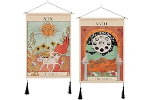 ORTIGIA 2 Pack Tarot Cards Tapestry with Tassels The Sun The Moon Tapestry Wall Hanging Medieval Europe Divination Tapestries Wall Art Home Decor for Bedroom Living Room 14" W x 20" L (35cmx50cm)