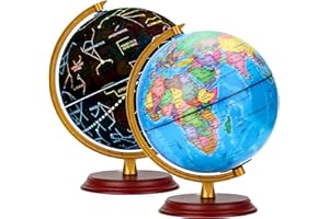 EXERZ 20cm Leuchtglobus Holzsockel - Karte auf Deutsch - Schülerglobus - Politische Karte (Tageszeit) - Konstellation Sterne (Nacht) - leuchtende LED-Lampe