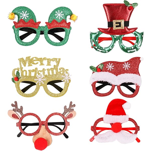 Petalum Kerstbril, 6/12 stuks, grappige bril, creatief, montuur, glitter, cartoonvorm, accessoires, feest, kostuum voor volwassenen en kinderen, Model D, Eén maat