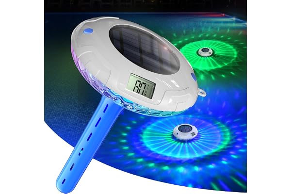 Lampe de piscine solaire avec double écran LCD, thermomètre de piscine flottant facile à lire, 8 effets lumineux dynamiques, thermomètre numérique étanche IPX7