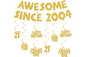 AURMONIGO 21st Birthday Banner Decorations Gold - Awesome Since 2004 Glitter Banners and Hanging Swirls, Happy 21st Birthday Party Decoration for Her and Him