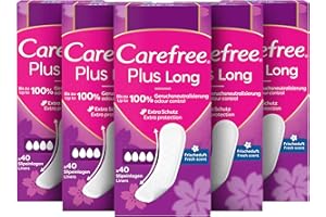 Carefree Wkładki Plus Long o świeżym zapachu (5 x 40 sztuk), super chłonne, aby natychmiast wlać płyny, rozmiar Plus Long