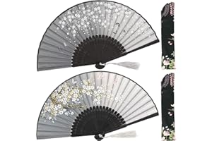 OMyTea Faltbare Handfächer für Frauen – chinesische japanische Vintage-Bambusseide – für Hot Flash, EDM, Musikfestival, Party, Tanz, Aufführung, Dekoration, Hochzeit, Geschenk (Gray Sakura *2)