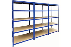 Racking Monkey 180x90x60cm | 3 Bay Garage Shelving Units | 200kg UDL Per Shelf (1000kg Per Bay) | Blue Storage Shelves | 5 Tier Workshop, Shed, Office | Metal & MDF Boltless