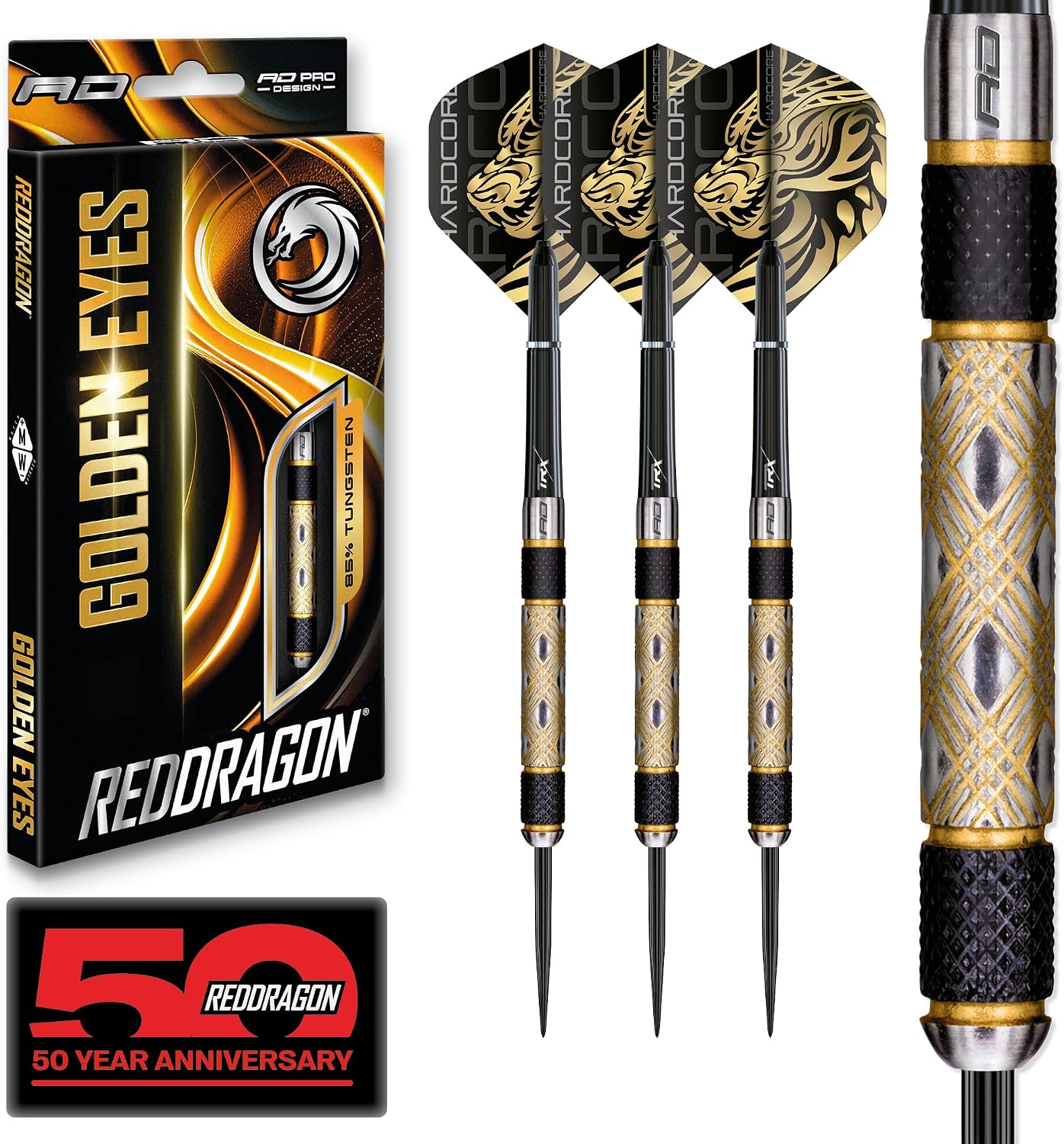 RED DRAGON - Golden Eyes - Set de freccette professionali de 22g, 24g, 26g, 28g, 30g, 32g en tungsteno 85% con alette e steli