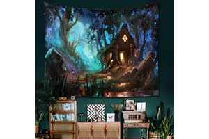 Zodight Hexenhaus Wandteppich, Wald Baum Haus Tapestry, Magische Stream Habitate Tapisserie Wandbehang für Wanddeko Schlafzimmer