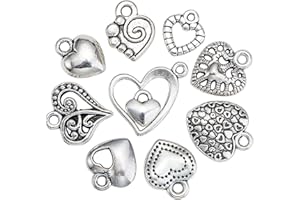 DanLingJewelry 100Pcs 10 Styles Valentine's Day Charms Antique Silver Sweet Heart Charms Hollow Charms for DIY Jewellery Making