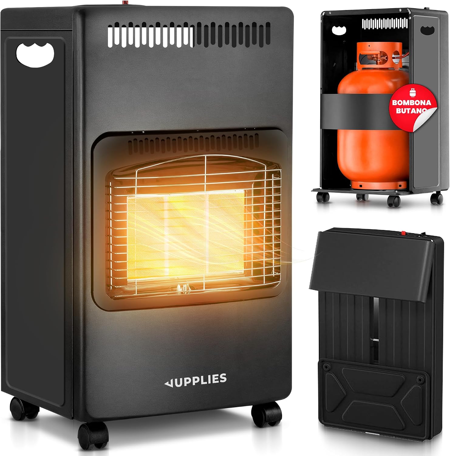 Estufa de Gas Butano Plegable 4200 W - Estufa Cerámica con 3 Niveles de Potencia, Triple Sistema de Seguridad, Sistema anti-vuelco - 20-80m²