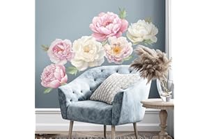 SHUCHING 6 DIY Large Peony Wall Stickers Peel and Stick, White Pink Flowers Wall Decals, Removable Vinyl Wall Decoration Art for Living Room Bedroom TV Sofa Corner