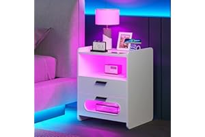 ‎LVIFUR Lvifur Nachttisch RGB Led Licht,Nachttische mit 2 Schublade,Smart Nachttisch Menschliche Sensorfunktion,Nachtschrank 20 Farblicht dimmbar mit Kabelloses Laden,Hochglanz Nachtkommode mit USB Laden