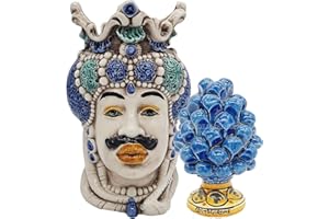 Sicilia Bedda - TESTA DI MORO SICILIANA con PIGNA PIEDE DECORATO in Ceramica di CALTAGIRONE - Altezza Testa h 18 - Altezza Pigna 12 Cm (Uomo con Pigna, Blu)