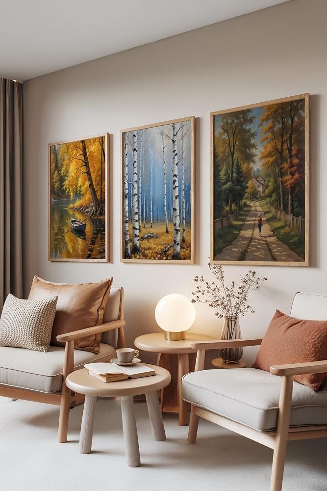 Zestia Ahşap Çerçeveli 3’lü Tablo Seti, Sonbahar Manzara Resimleri – Orman ve Göl, Salon Set No: 30038 50 x 70