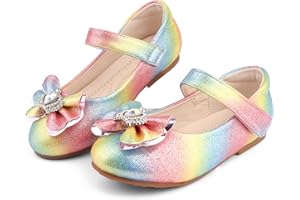 KUWIBY Girl Glitter Princess Flat Shoes Mary Jane Ballet Dress Shoes Kids Bling Bowknot Crown Birthday Party Shoes Bright Diamond Cosplay Dance Shoes for Little Girls Toddlers Multicolor