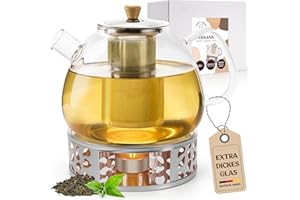 Happy Lemuro Teekanne mit Stövchen Set - 1,5 Liter - Erhöhte Glasstärke - Glas Teekanne mit Teestövchen - robuster Teezubereiter für losen Tee - Glaskanne Tee - Teegeschirr