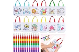 ARTGHJL DIY Kinder Stoffbeutel Set, 12 Stück Stoffbeutel zum Bemalen für Kinder und 12 Stück Stapelbare Wachsmalstifte(7 Farben in 1), Taschen zum Bemalen Set für DIY Kindergeburtstag Gastgeschenke