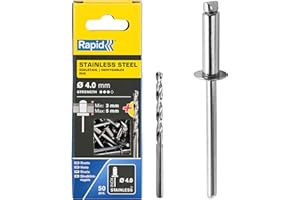 Rapid Blindnieten Edelstahl 4mm, 3-5mm Klemmbereich, 50 Stk. V2A Nieten, Set inkl. Bohrer, für Blindnietzangen 5001460 Silber