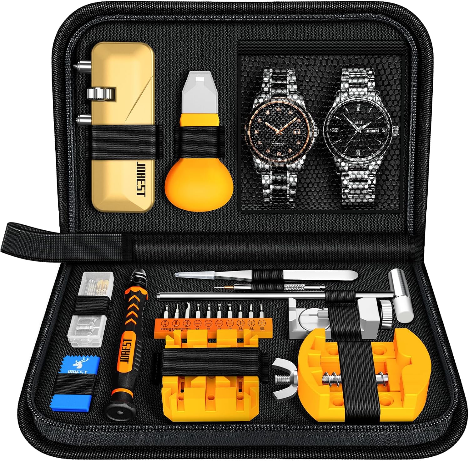 【Nuevo 2024】JOREST Herramientas Relojero, Kit Reparacion Reloj, Cambiar Pilas Relojes, Quitar Eslabones, Llaves Reloj, Destornillador Abrir Tapa, Martillo Ajustar Relojes, Acortar Correas, Pasadores