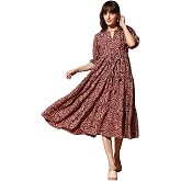 KZULLY | Dress for Women | Midi Dress | Floral Printed | Polyester Fabric | Bell Sleeve Ethnic A-Line | Tiered Fit & Flare | 