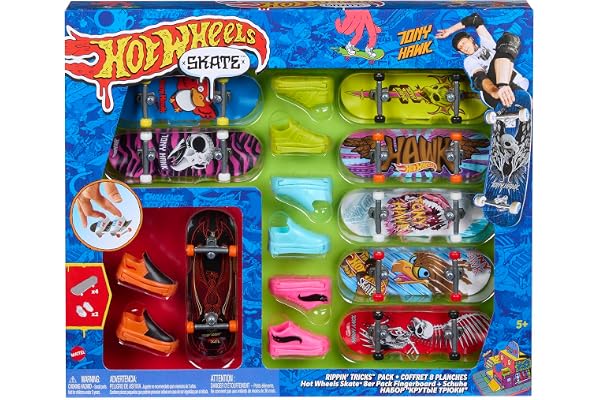 Hot Wheels Skate Fingerskate Tony Hawk Pack avec 8 fingerboards montés et 4 paires de chaussures pour doigts, pack exclusif, Jouet Enfant, Dès 5 ans, HMY19