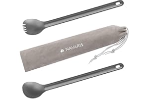 Navaris Set de 2X Cubierto de Titanio - 1x Cuchara 1x Cuchara con púas de Tenedor - Cubiertos de 21.5 x 3.9 CM para Camping Senderismo con Bolsa