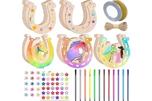 ESTCOO 42pcs Fers à Cheval en Bois Décoration,25 Tranches de Fer à Cheval en Bois Naturel 4 Types+Corde de Chanvre+2 Strass Autocollants+12 Crayons d'aquarelle+2 Rubans,Cheval en Bois DIY Deco Anniversaire