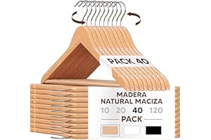 Mundo Home 40X Perchas Madera Natural Maciza para Ropa - Perchas de Madera con Gancho Giratorio 360º - Perchas para Pantalones, Camisa, Traje, Vestidos - Colgadores de Ropa Antideslizante para Hogar