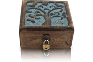 THE GREAT INDIAN BAZAAR Decorativo portagioie in legno con albero della vita intagliato & serratura & Key Jewelry Organizer scatola dei ricordi scrigni del tesoro porta orologi scatola di immagazzinaggio scatola 12 x 12 cm