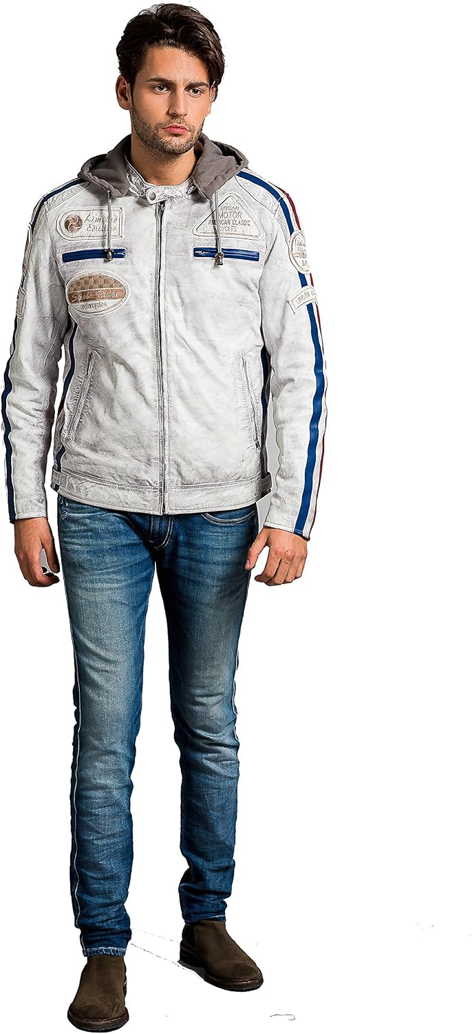 URBAN 5884 Veste de Moto Homme en Cuir d’Agneau Véritable avec Protections Amovibles – Blouson Moto avec Protections Dos, Épaules et Coudes