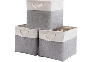 Mangata Cajas Almacenaje, 33 x 38 x 33 cm Cestas almacenaje de Lona Engrosada Plegable con Asas de Cuerda para Ropa, Juguetes (Gris/Blanco, 3 Pack)