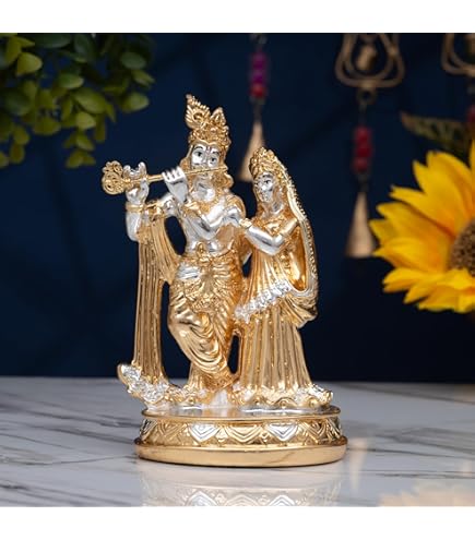 StonKraft Marmeren messing Radha Krishna Murti Idool standbeeld