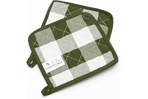 ASQUARE Set di presine – 2 pratiche presine a quadri – pentole ecologiche in 100% cotone – Kitchen Pot Holders – Presine in verde e bianco 20 x 20 cm