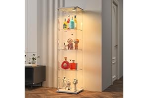 BPKADHY Vitrina de Cristal,164x42.5x36.5cm,Vitrina Expositora para Colecciones con 4 Estantes de LED 1 Puerta con Cerradura,Gabinetes de Vidrio para Salón Dormitorio,Pasillo,Vitrina Cristal,Blanco