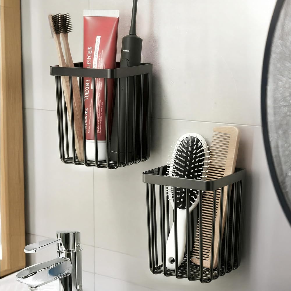 ATA HOME 2'Li Set Yapışkanlı Diş Fırçalık, Saç Fırçası Tarak Düzenleyici, Banyo Düzenleyici Banyo Rafı Siyah