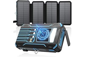 SOARAISE Wireless Solar Powerbank 27000mAh - Tragbare Solar Ladegerät mit 4 Kabel und 4 Solarpanels - 15W Schnellladung Externer Akku Power Bank mit LED Taschenlampe für Outdoor Camping (Blau)