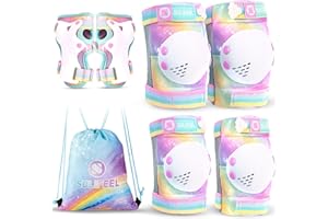 SULIFEEL Shiny Knee Pads for Kids Knee Elbow Pads Wrist Guards for Girls Boys Adjustable Protective Gear Set with Drawstring Bag Rainbow Unicorn