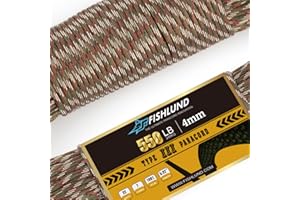 FISHLUND Paracord 550 lb, 7-żyłowa lina spadochronowa typu III, 50 stóp, 4 mm, nylonowa linka spadochronowa do biwakowania, Kamuflaż leśny