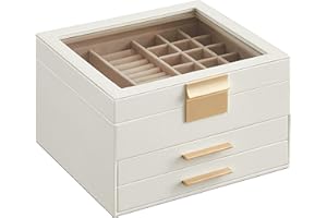 ‎SONGMICS SONGMICS Pudełko na biżuterię z pokrywą szklaną Pudełko na biżuterię z 3 poziomami, pudełko na biżuterię z 2 szufladami, przechowywanie biżuterii, prezent dla ukochanej osoby, biały JBC239WT