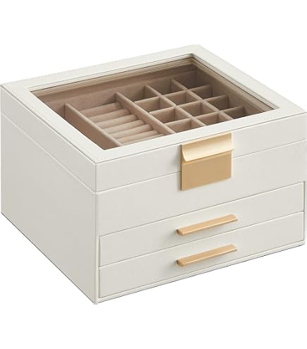 SONGMICS 3-Tier Jewellery Box With Mirror - 2 Drawers, PU Leather, Cloud White, 21.5x24x15.8cm, Gift Box