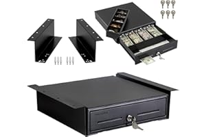 Volcora 13" Electronic Cash Register Drawer with Under Counter Mounting Metal Bracket - POS, 4 Bill 5 Coin Cash Tray, Removable Coin Compartment, 24V RJ11/RJ12 Key-Lock, Media Slot, Black