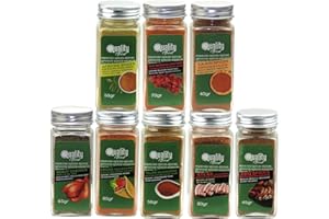 Pack d'épices à viande. Idéal pour les cadeaux et l'usage quotidien. 8 bocaux en verre, réutilisables. Cajun, Tajine, BBQ, Churrasco, Kebab, Poulet au four, Brochette mauresque, Épices africaines.