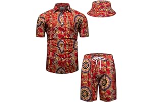 fohemr Mens Luxury Shirt and Short Set Outfit Baroque 2 Piece Black Gold Chain Print Casual Button Down Hawaiian Shirt Suits with Bucket Hat