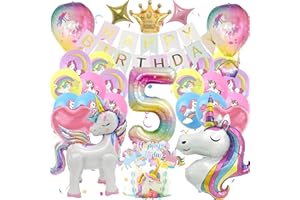 HAPPLIOPLAY Set Unicorn Decoration Children's Birthday Party 5, Unicorn Party Decoration 4D Balloons, Unicorn Birthday Decoration 5 Years Girls, Colourful Banner and Cake Decoration, Unicorn Gifts for Girls