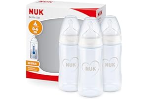 NUK First Choice+ Baby Bottles | 0-6 Months | 300 ml | Anti-Colic Bottles with Orthodontic Silicone Teat | Temperature Control | BPA-Free | Grey & White | 3 Count