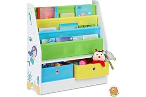 Relaxdays Estantería Infantil, Diseño Marino, 2 Cajas y 3 Bolsas Tela, Mueble Juguetes, Librería, 74x71x23cm, Multicolor